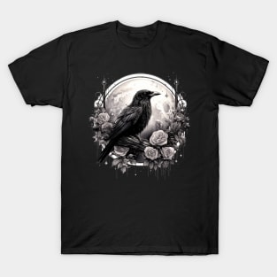 Gothic Crow, Full Moon, Roses, Raven Edgar Allan Poe Witchy Mystic T-Shirt